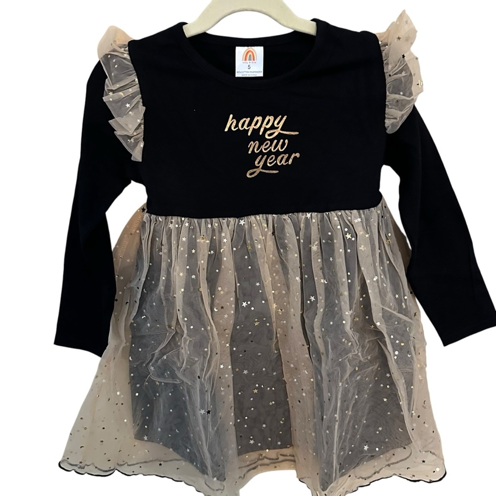 Abby & Evie Little Girls 5 Long Sleeve Black Gold News Years Eve Dress w/Stars